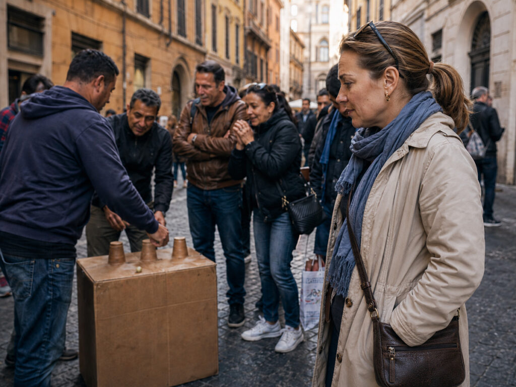 Lady watching the shell game in Rome