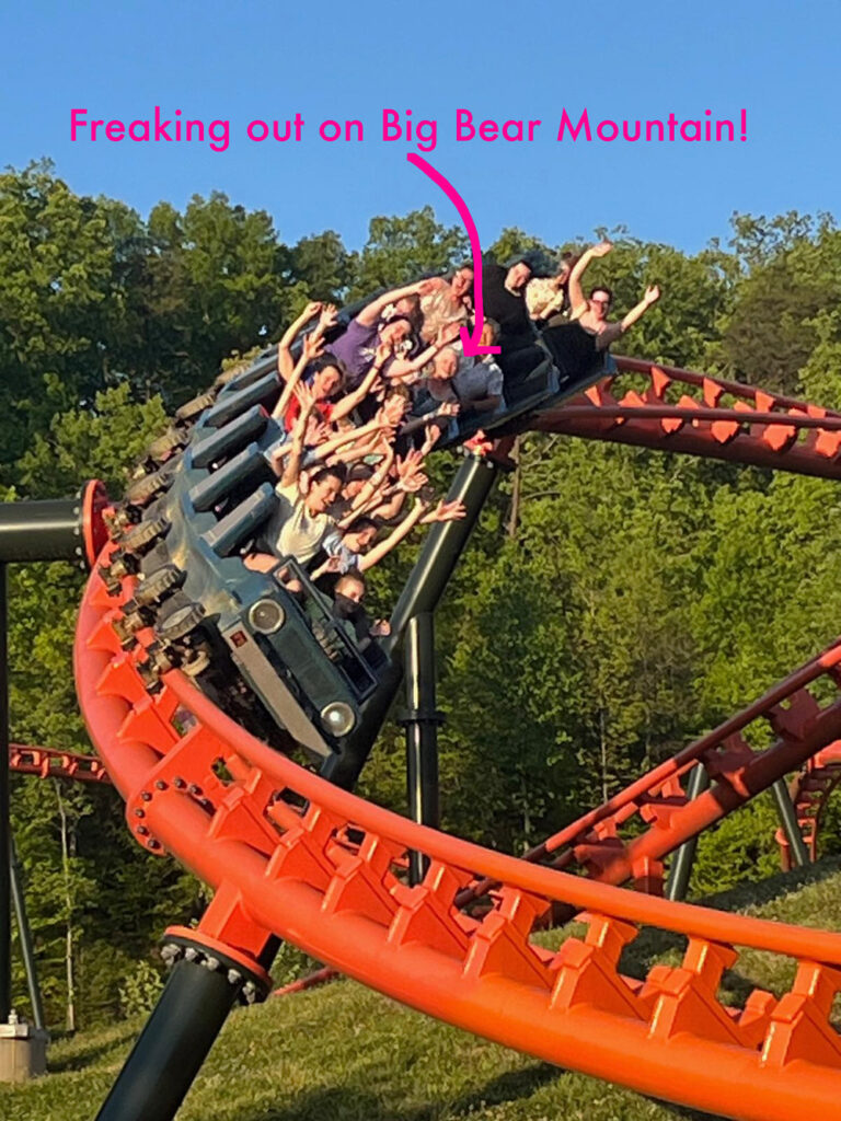 Megan riding Big Bear Mountain roller coaster at Dollywood